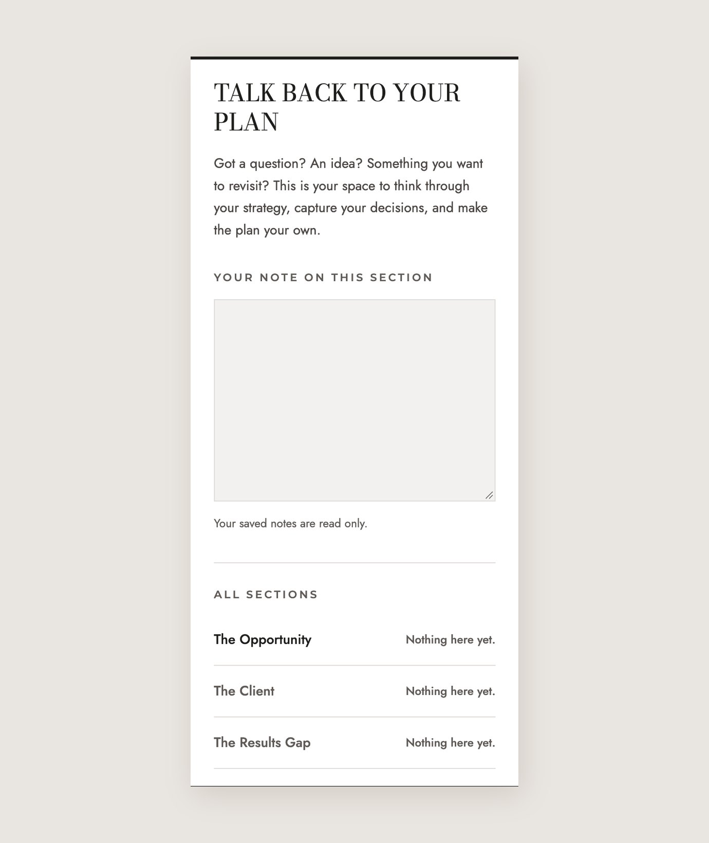 Client center notes panel where clients talk back to their plan, section by section